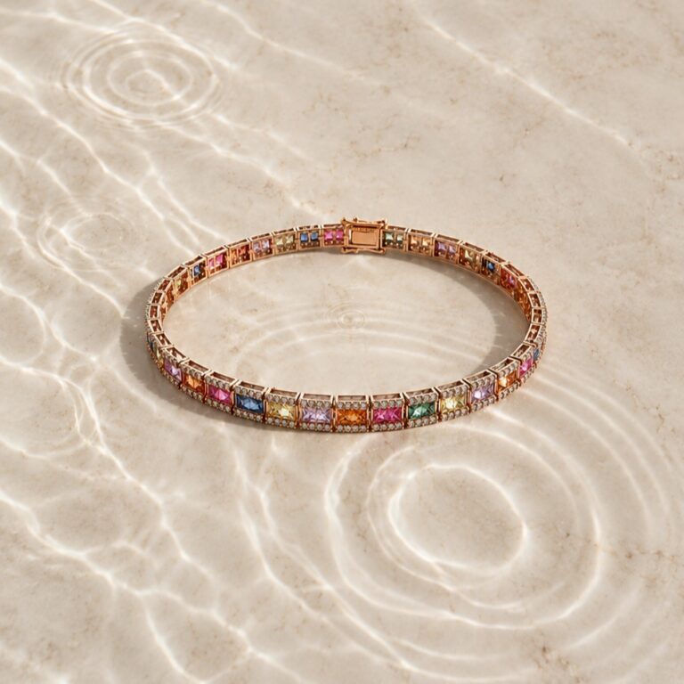 Color, luz y sofisticación en perfecta armonía.

Nuestra pulsera de oro rosa con diamantes y zafiros está diseñada para elevar cada momento con un toque de lujo sutil.