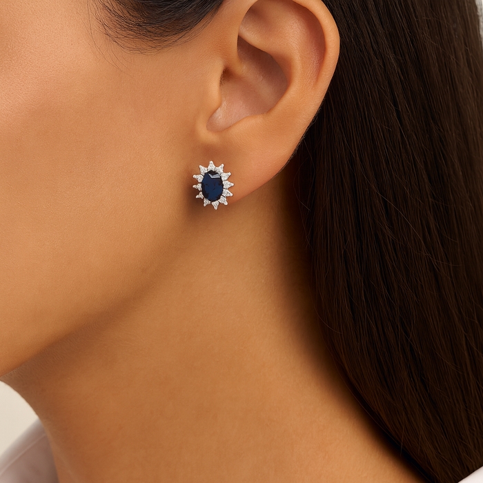 PENDIENTES DE ORO BLANCO CON DIAMANTES Y ZAFIRO - Imagen 2