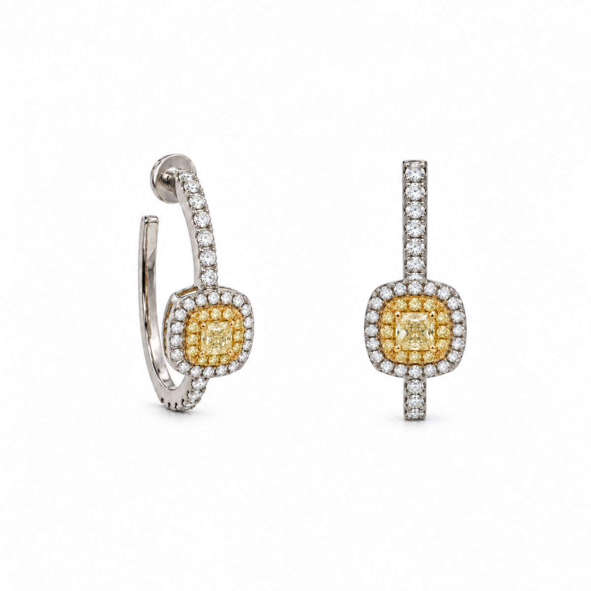 PENDIENTES EN ORO BLANCO Y AMARILLO CON DIAMANTES BLANCOS Y AMARILLOS