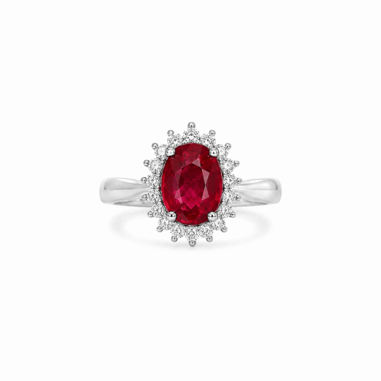 ANILLO EN ORO BLANCO CON DIAMANTES Y RUBÍ