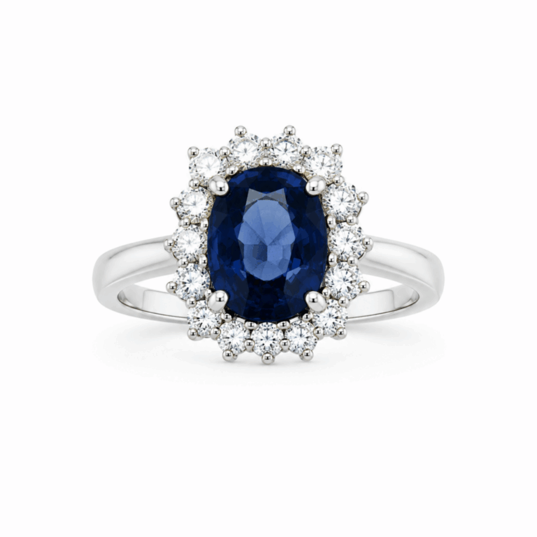 ANILLO DE ORO BLANCO CON DIAMANTES Y ZAFIRO