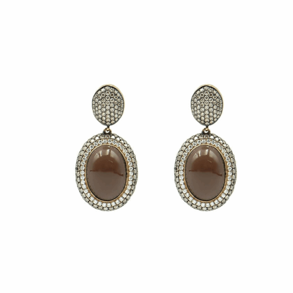 PENDIENTES DE ORO ROSA CON DIAMANTES, DIAMANTES BROWN Y PIEDRA LUNA