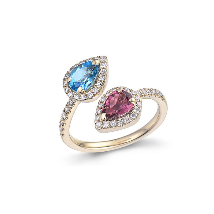 SORTIJA DE ORO AMARILLO TURMALINA, TOPACIOS Y DIAMANTES