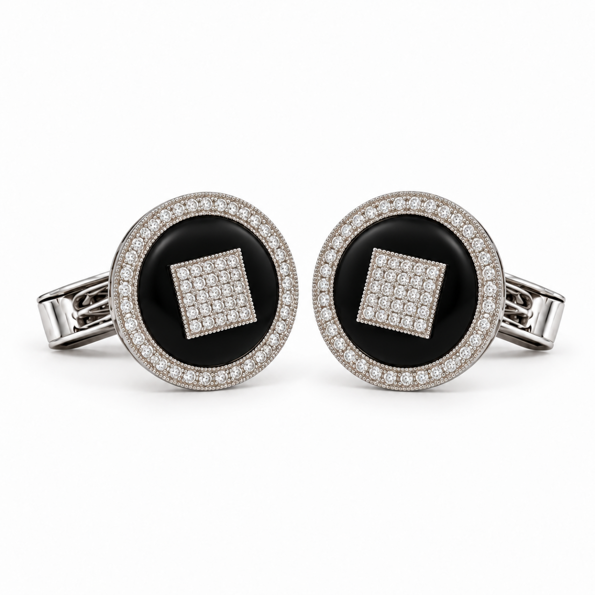 GEMELOS DE ORO BLANCO CON DIAMANTES Y ÓNIX