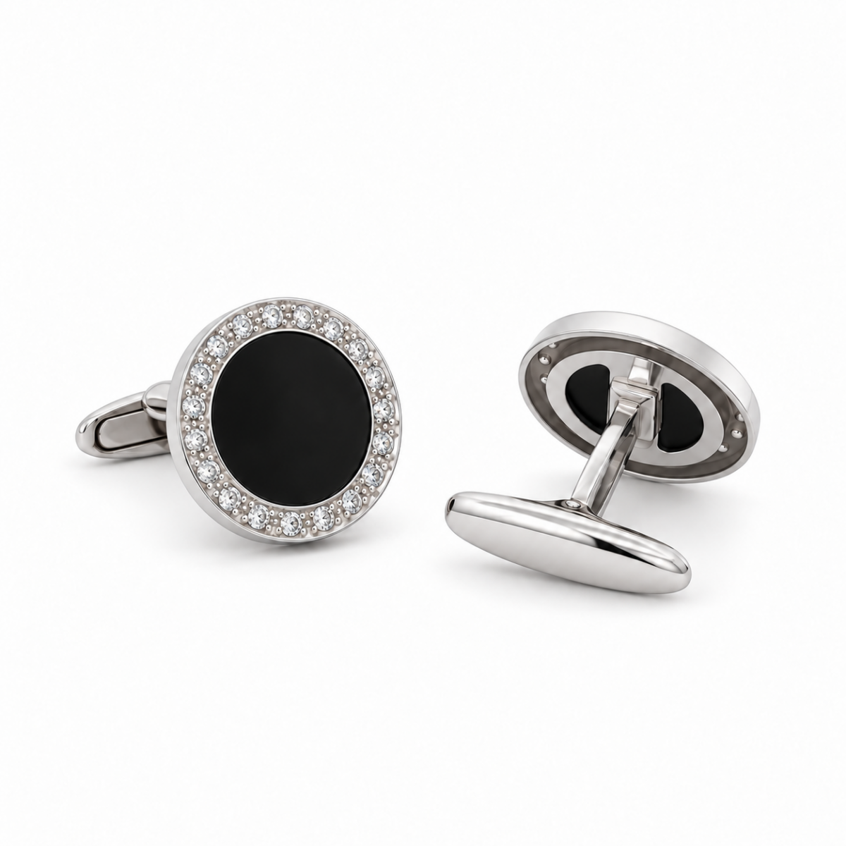 GEMELOS DE ORO BLANCO, ONIX Y DIAMANTES