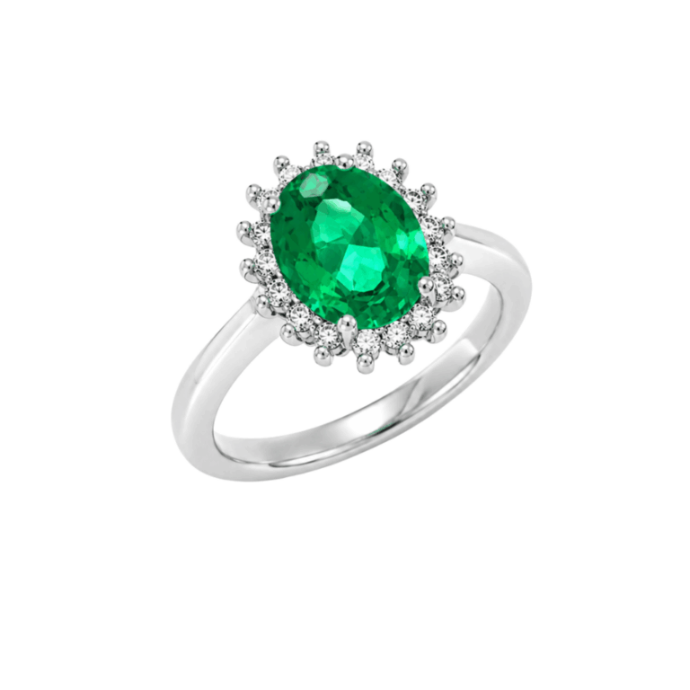 ANILLO DE ORO BLANCO CON DIAMANTES Y ESMERALDA