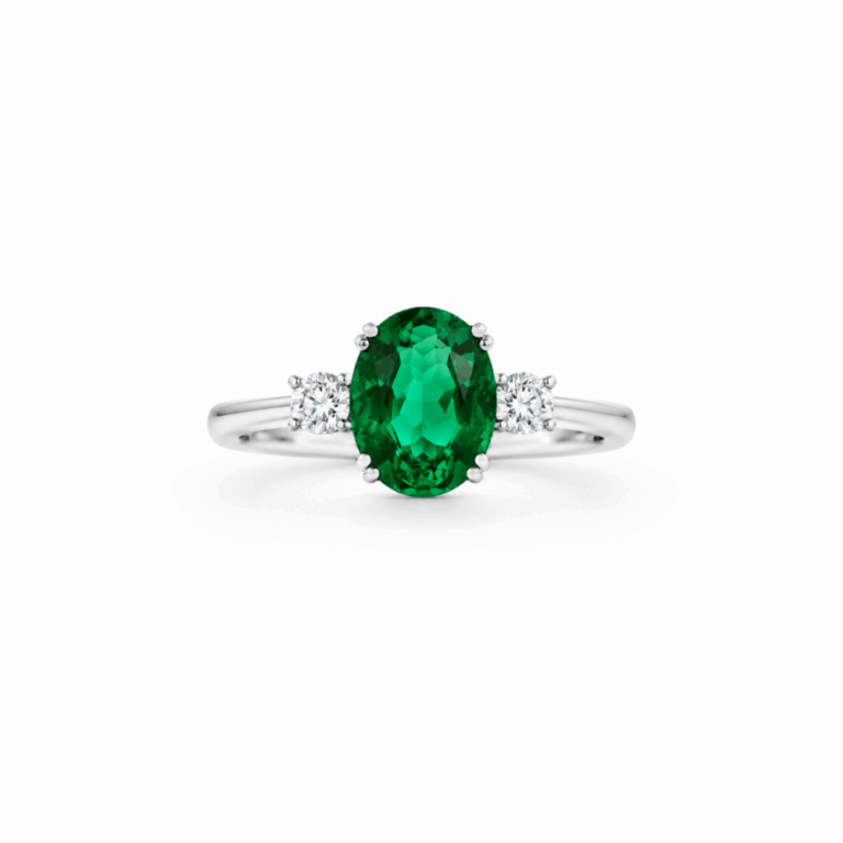 ANILLO DE ORO BLANCO CON DIAMANTES Y ESMERALDA