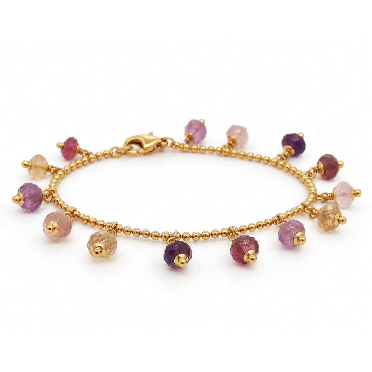 PULSERA DE ORO AMARILLO CON AMATISTA, CUARZO ROSA Y TOPACIO